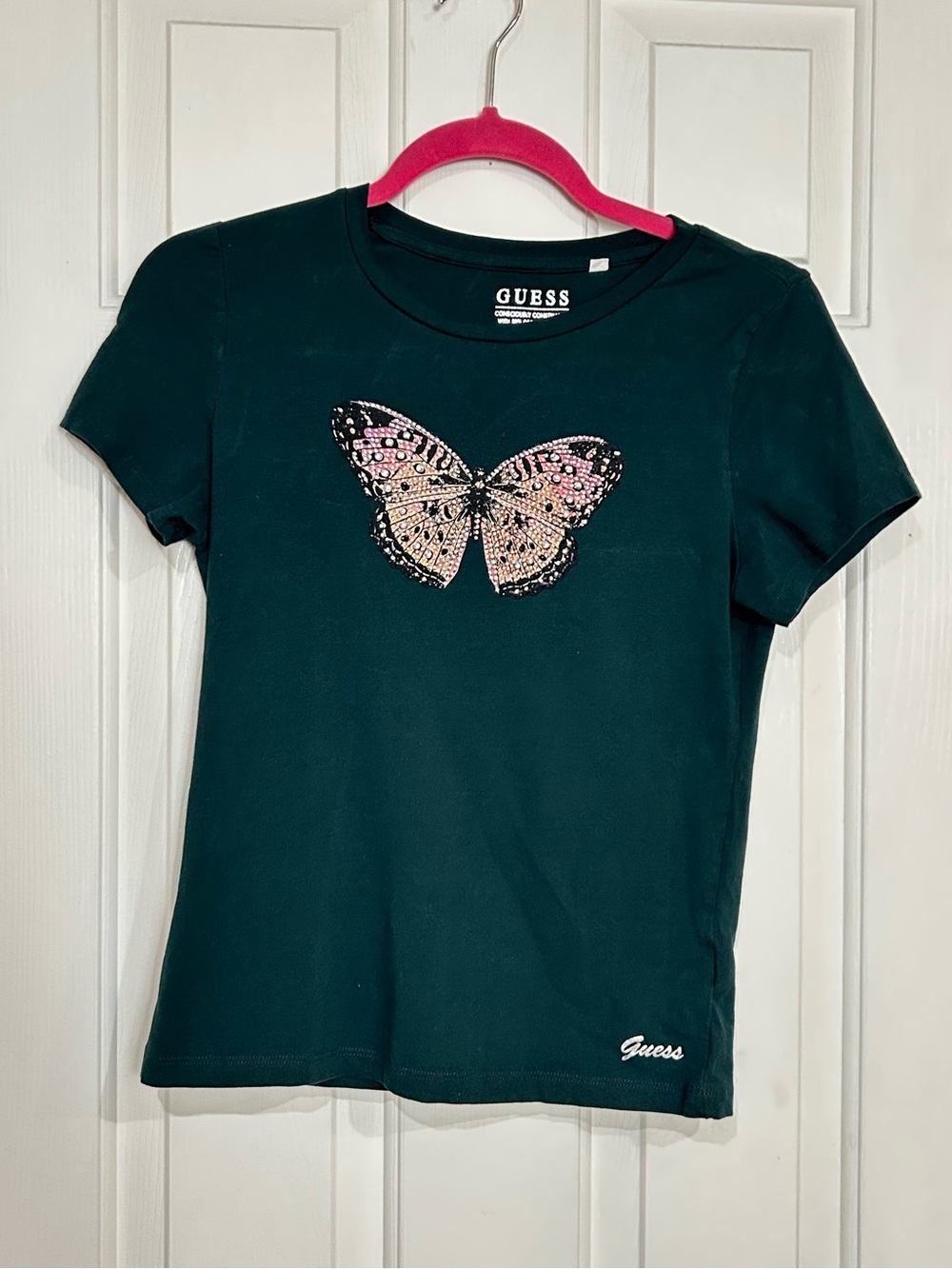 GUESS Dark Green Rhinestone Butterfly Graphic Tee Shirt Organic Cotton Med